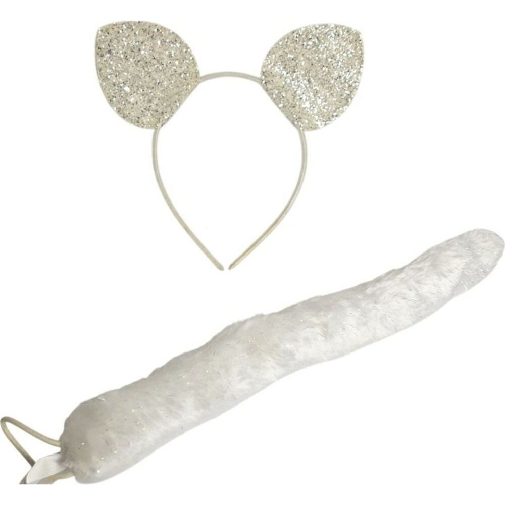 Cat Ears Headband Tail White Sparkly Ears Faux Fur Tail Accessories Halloween